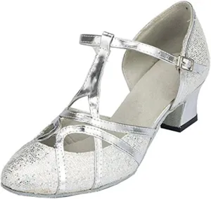 TDA Women's T-Strap Glitter Synthetic Salsa Tango Ballroom Latin Party Dance Shoes 5.5 5cm Glitter Silver