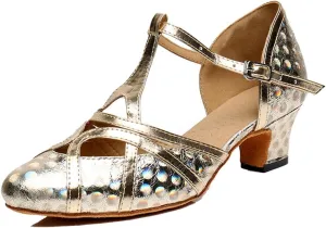 TDA Women's T-Strap Glitter Synthetic Salsa Tango Ballroom Latin Party Dance Shoes 8.5 5cm Printing Gold