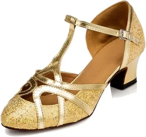 TDA Women's T-Strap Glitter Synthetic Salsa Tango Ballroom Latin Party Dance Shoes 8.5 Glitter Gold-5cm Heel