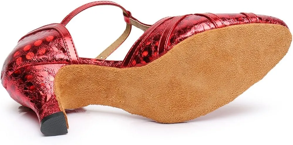 TDA Women's T-Strap Glitter Synthetic Salsa Tango Ballroom Latin Party Dance Shoes