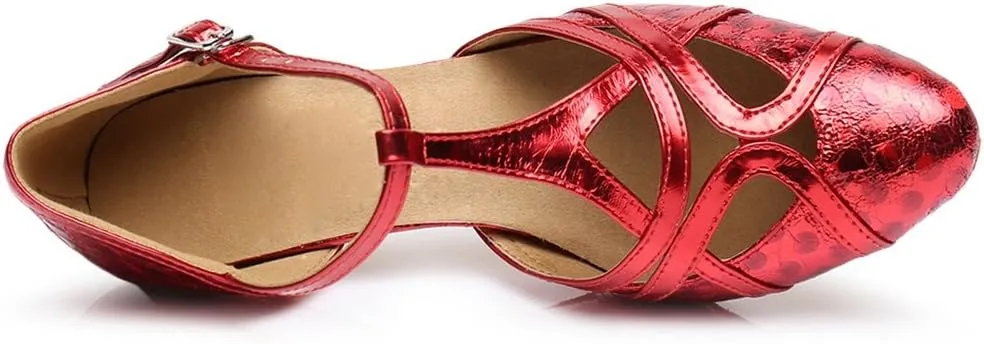 TDA Women's T-Strap Glitter Synthetic Salsa Tango Ballroom Latin Party Dance Shoes