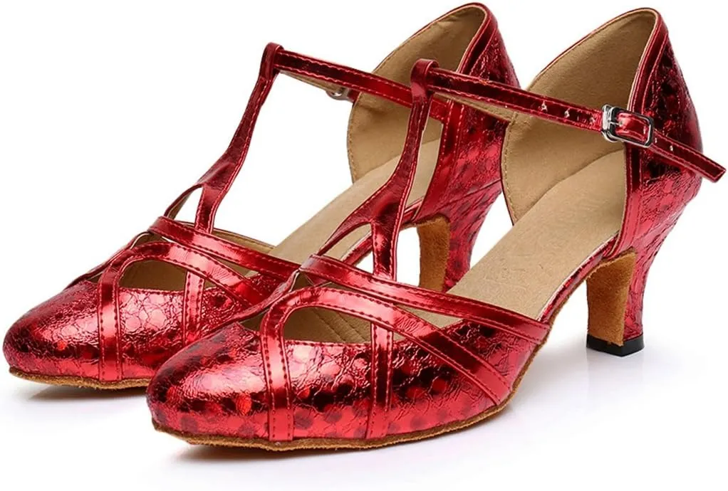 TDA Women's T-Strap Glitter Synthetic Salsa Tango Ballroom Latin Party Dance Shoes