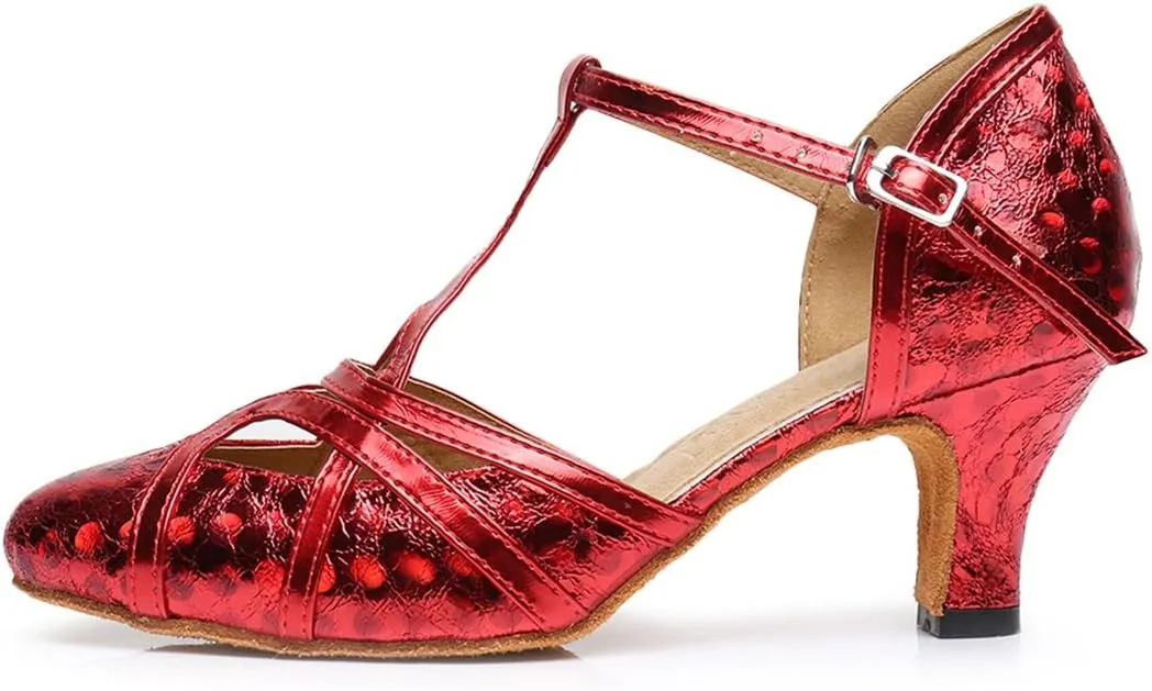 TDA Women's T-Strap Glitter Synthetic Salsa Tango Ballroom Latin Party Dance Shoes
