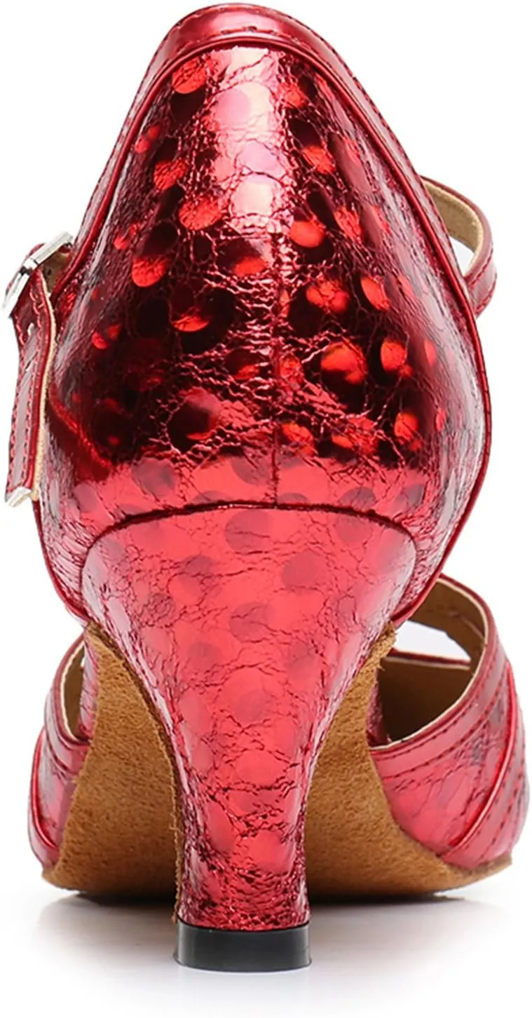TDA Women's T-Strap Glitter Synthetic Salsa Tango Ballroom Latin Party Dance Shoes