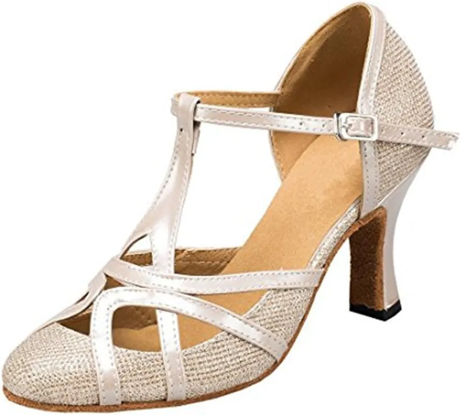 TDA Women's T-Strap Glitter Synthetic Salsa Tango Ballroom Latin Party Dance Shoes
