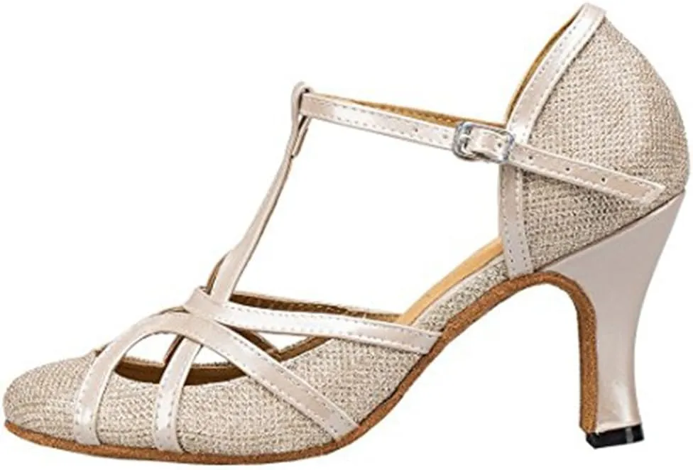 TDA Women's T-Strap Glitter Synthetic Salsa Tango Ballroom Latin Party Dance Shoes