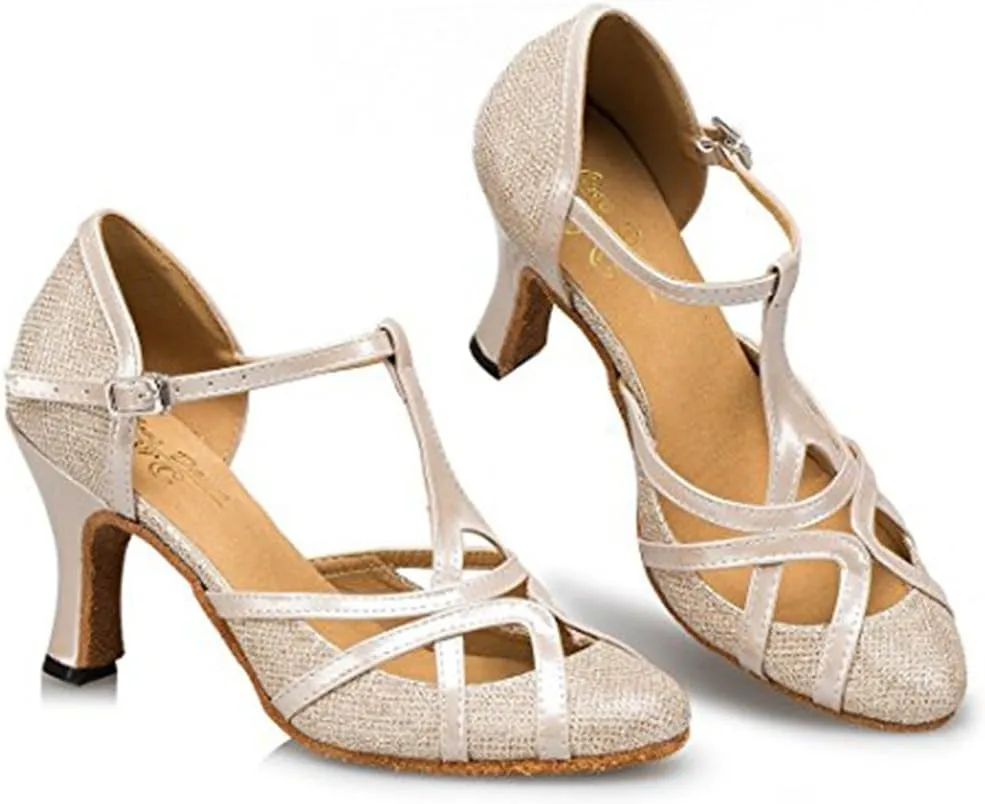 TDA Women's T-Strap Glitter Synthetic Salsa Tango Ballroom Latin Party Dance Shoes