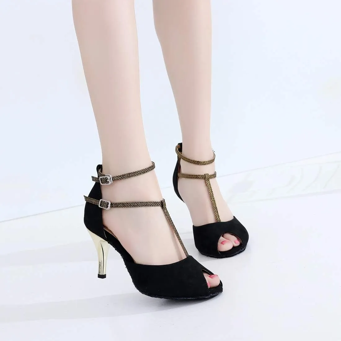 TDA Women's T-Strap Stiletto Heel Double Buckle Social Tango Ballroom Modern Latin Dance Shoes