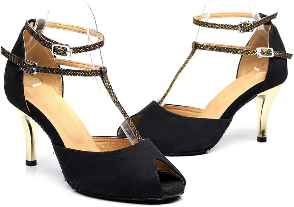 TDA Women's T-Strap Stiletto Heel Double Buckle Social Tango Ballroom Modern Latin Dance Shoes