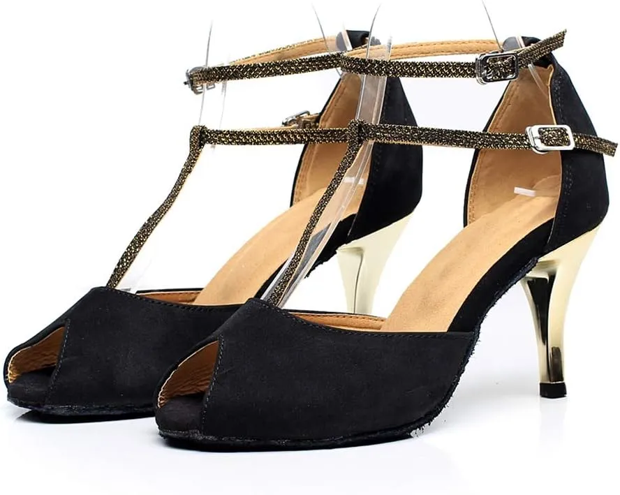 TDA Women's T-Strap Stiletto Heel Double Buckle Social Tango Ballroom Modern Latin Dance Shoes