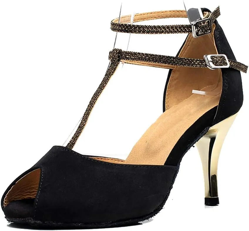 TDA Women's T-Strap Stiletto Heel Double Buckle Social Tango Ballroom Modern Latin Dance Shoes