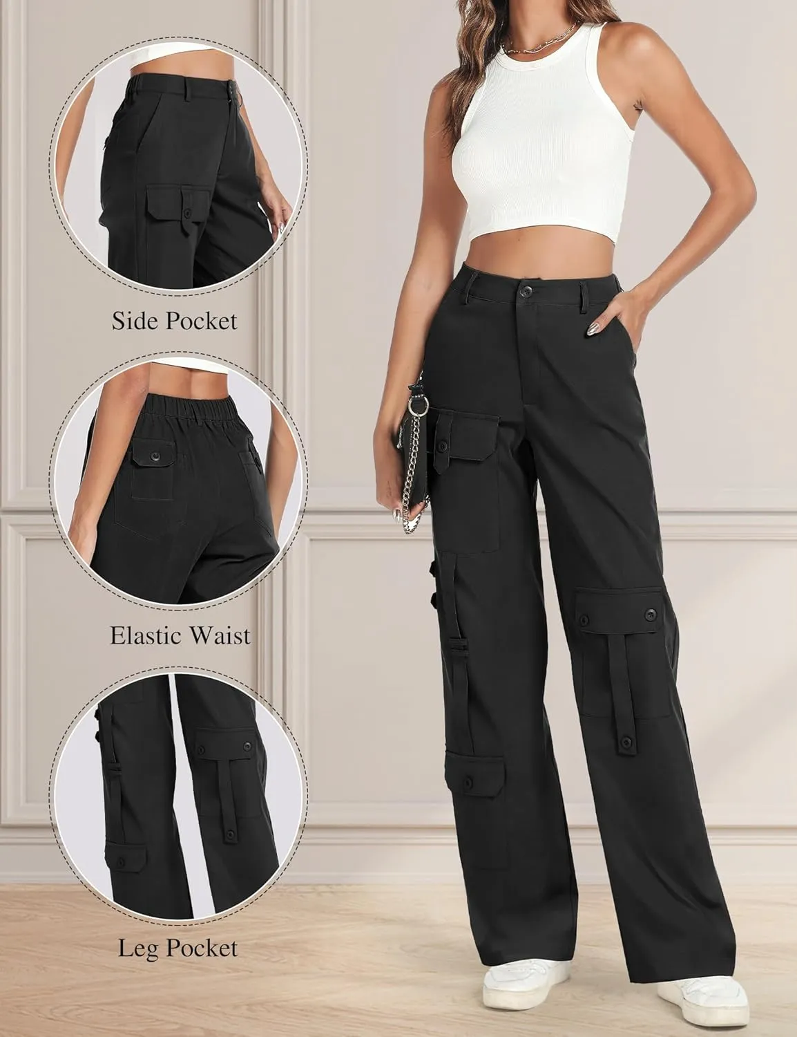 THANTH Cargo Pants Women High Waist Baggy Casual Pants Combat Military Wide Leg Y2K Streetwear Trousers with 8 Pockets