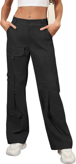 THANTH Cargo Pants Women High Waist Baggy Casual Pants Combat Military Wide Leg Y2K Streetwear Trousers with 8 Pockets