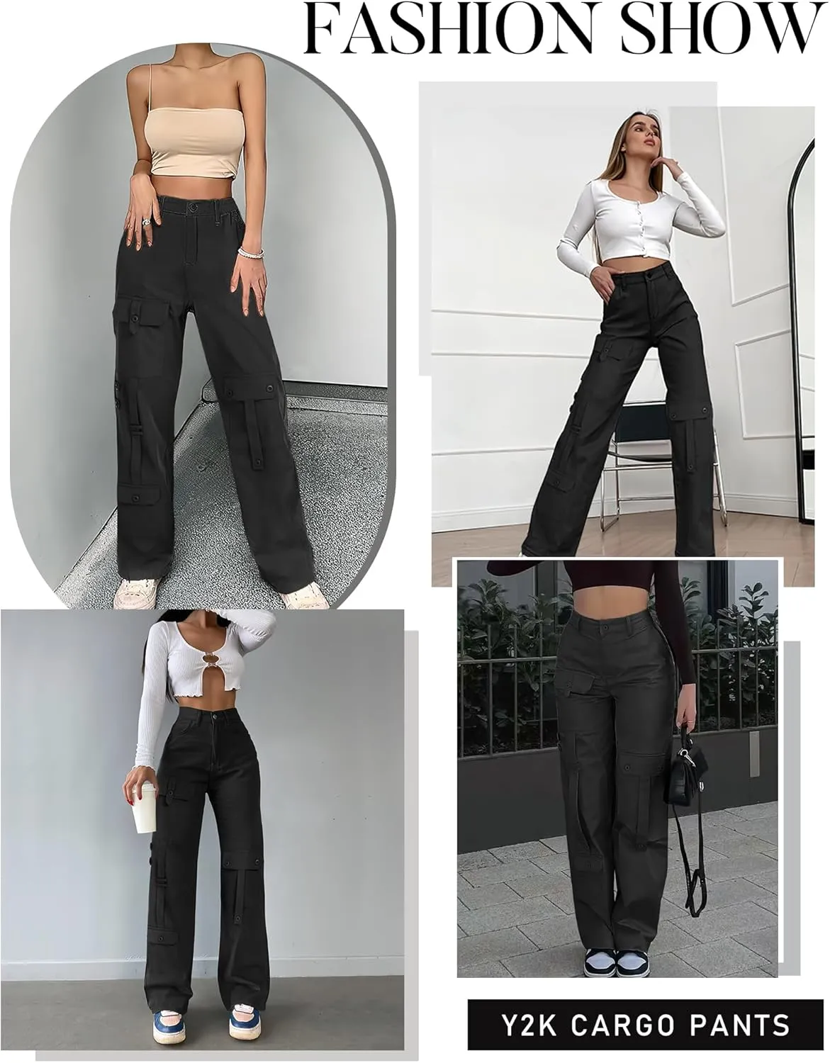 THANTH Cargo Pants Women High Waist Baggy Casual Pants Combat Military Wide Leg Y2K Streetwear Trousers with 8 Pockets