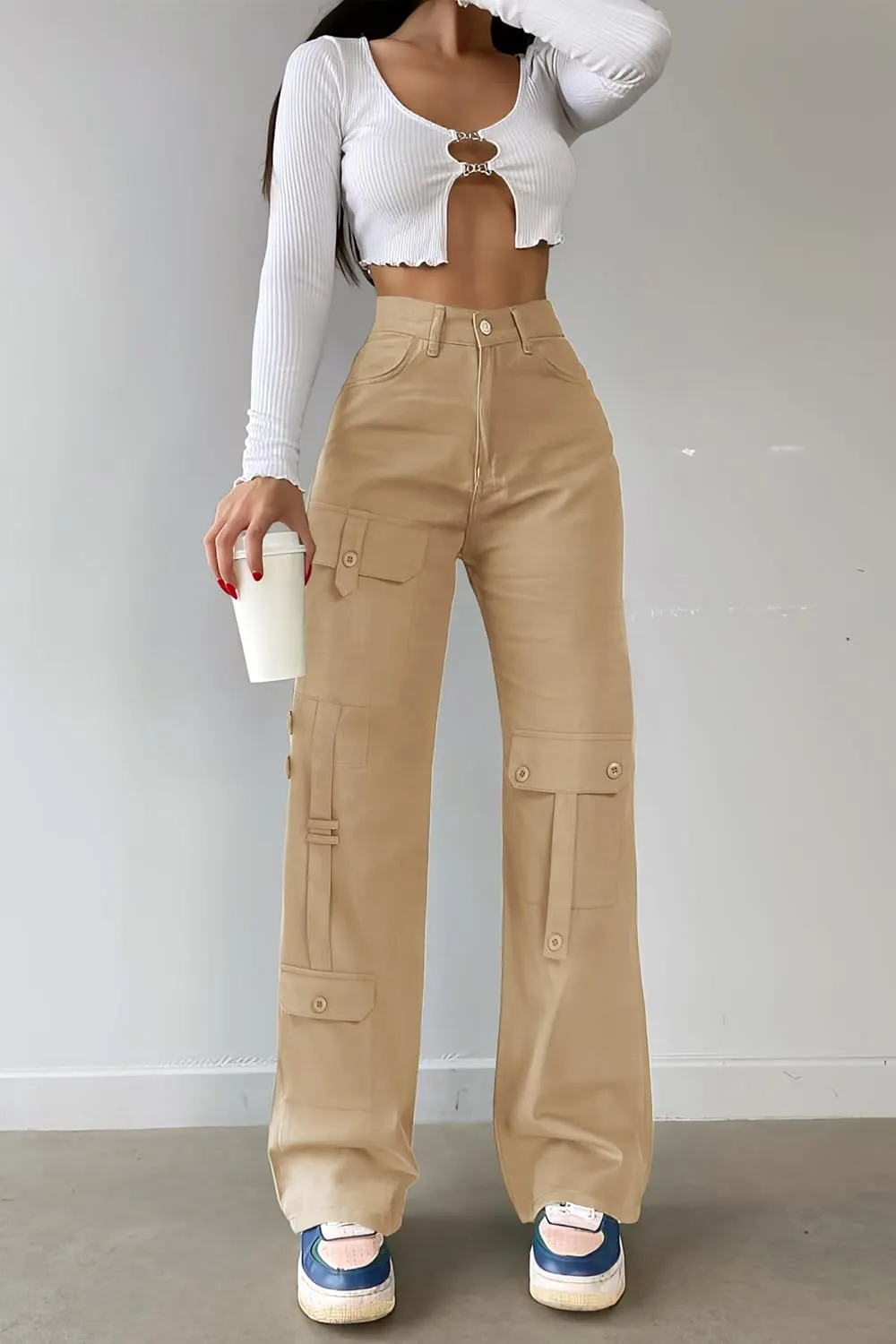 THANTH Cargo Pants Women High Waist Wide Leg Casual Pants Combat Military Baggy Y2K Streetwear Trousers with 8 Pockets