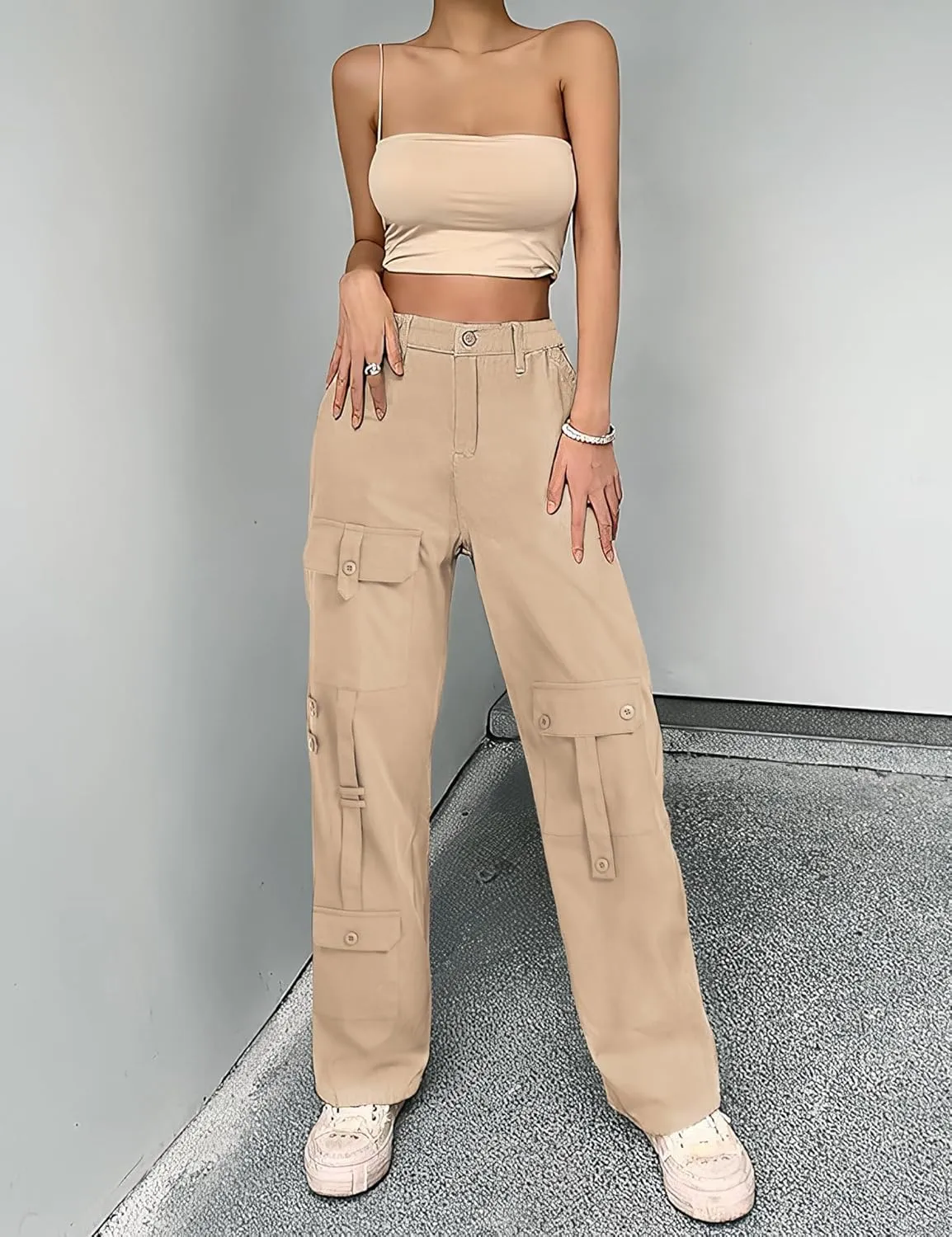THANTH Cargo Pants Women High Waist Wide Leg Casual Pants Combat Military Baggy Y2K Streetwear Trousers with 8 Pockets