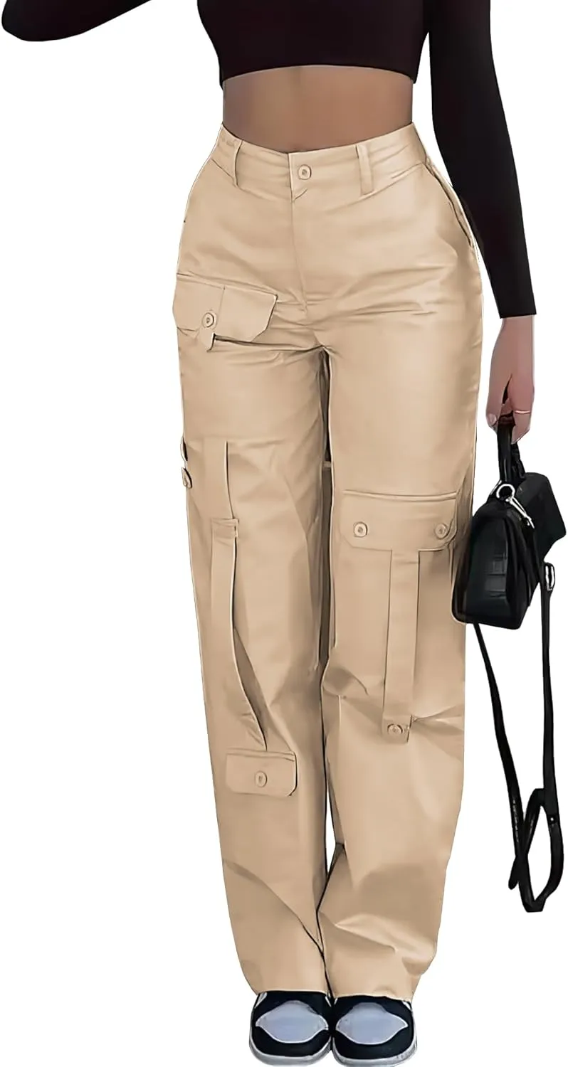 THANTH Cargo Pants Women High Waist Wide Leg Casual Pants Combat Military Baggy Y2K Streetwear Trousers with 8 Pockets