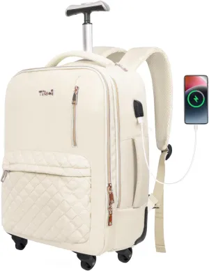 Tilami Rolling Backpack for Women, Carry on Laptop Backpacks with Wheels, 40L Roller Backpack for Travel,Cream