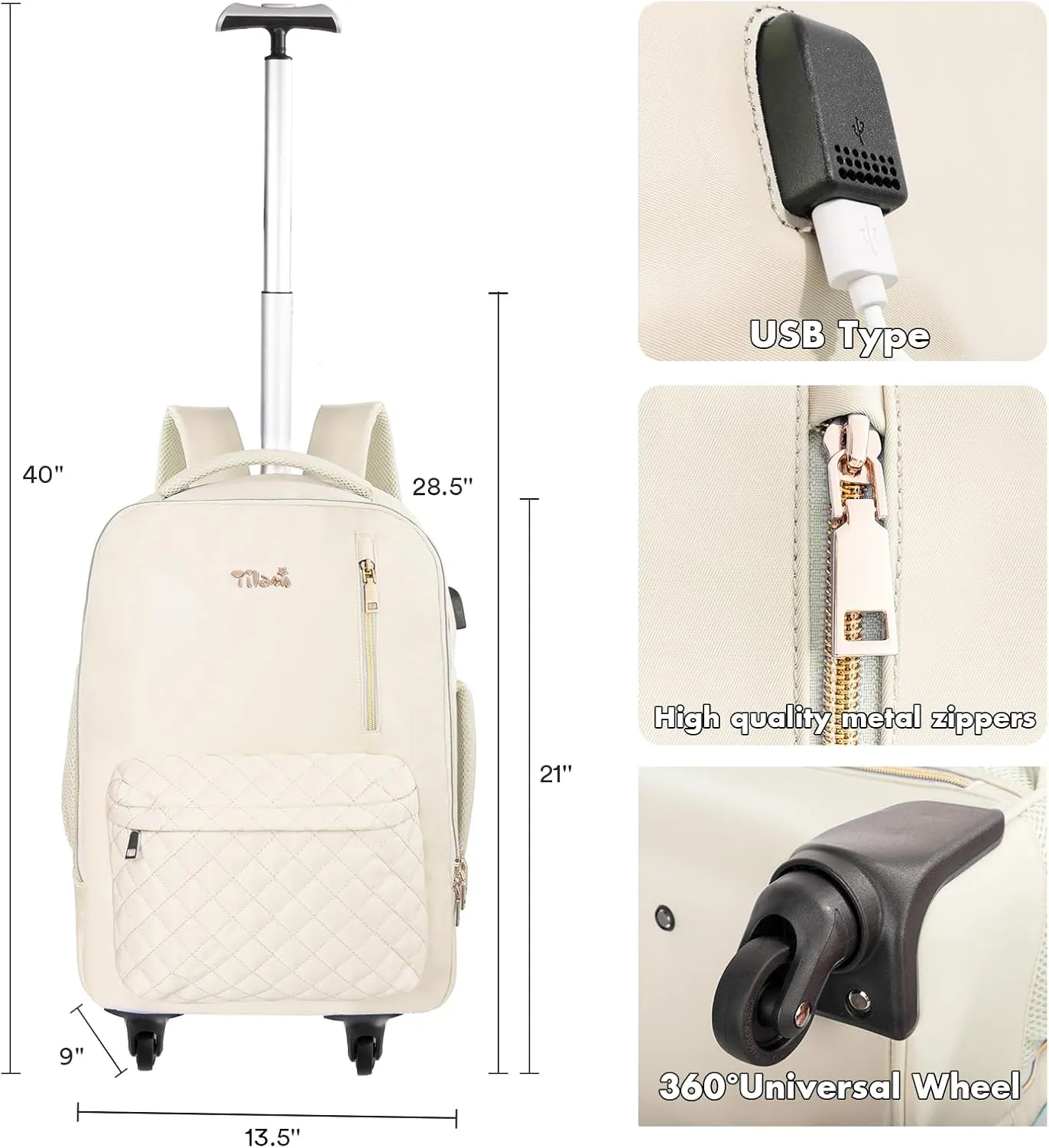 Tilami Rolling Backpack for Women, Carry on Laptop Backpacks with Wheels, 40L Roller Backpack for Travel,Cream