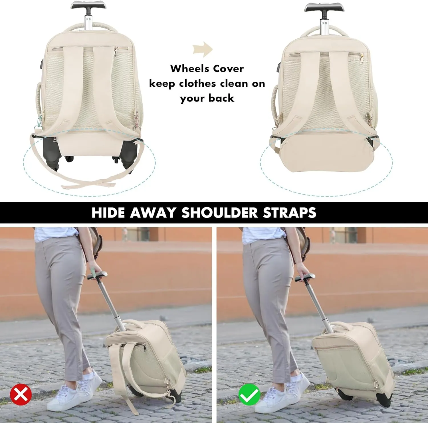 Tilami Rolling Backpack for Women, Carry on Laptop Backpacks with Wheels, 40L Roller Backpack for Travel,Cream