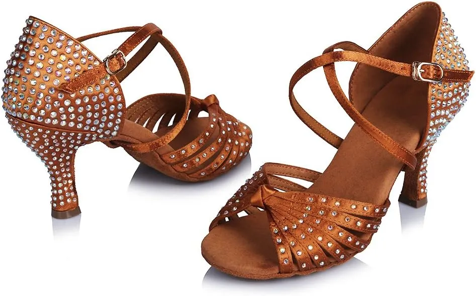 TINRYMX Women's Latin Dance Shoes Rhinestones Ballroom Salsa Professional Practice Performance Dance Shoes,Model-YC45902
