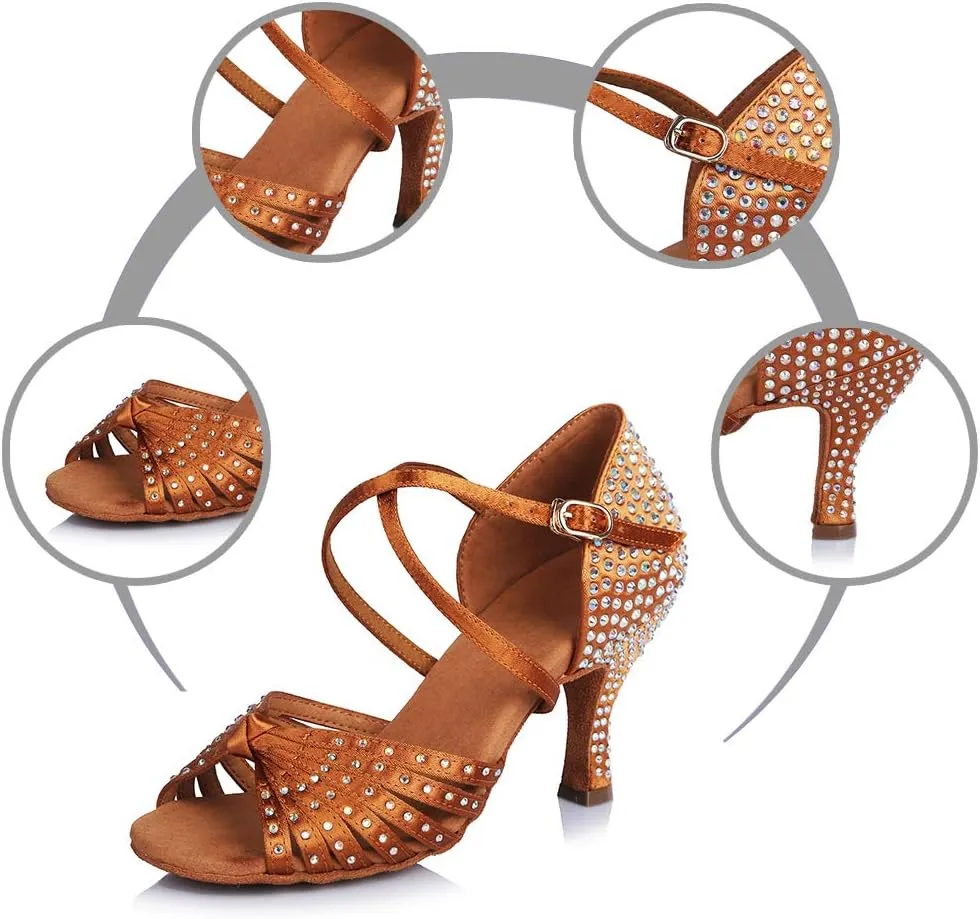 TINRYMX Women's Latin Dance Shoes Rhinestones Ballroom Salsa Professional Practice Performance Dance Shoes,Model-YC45902