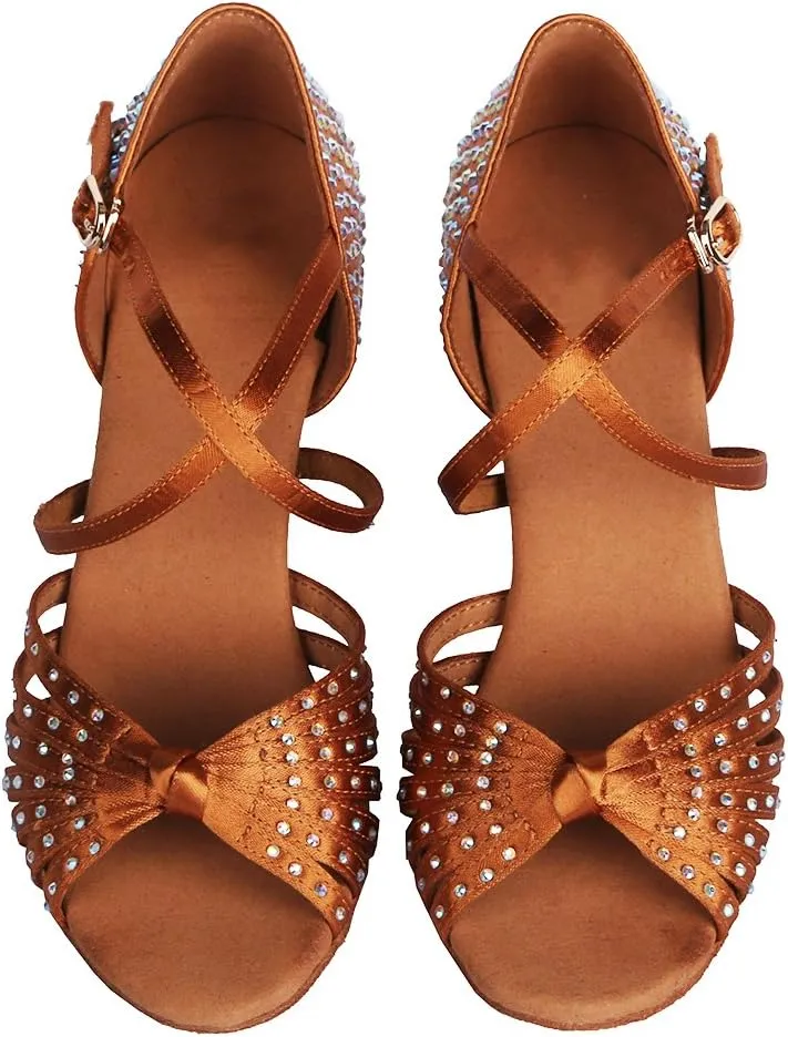 TINRYMX Women's Latin Dance Shoes Rhinestones Ballroom Salsa Professional Practice Performance Dance Shoes,Model-YC45902