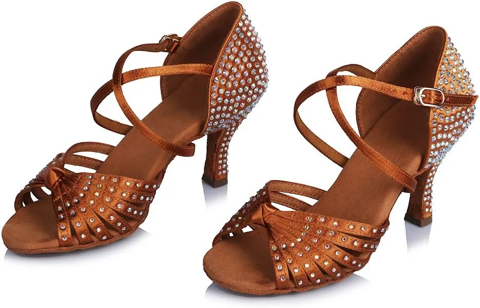 TINRYMX Women's Latin Dance Shoes Rhinestones Ballroom Salsa Professional Practice Performance Dance Shoes,Model-YC45902