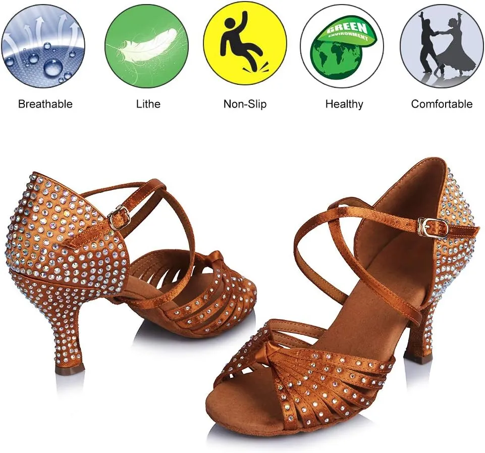 TINRYMX Women's Latin Dance Shoes Rhinestones Ballroom Salsa Professional Practice Performance Dance Shoes,Model-YC45902