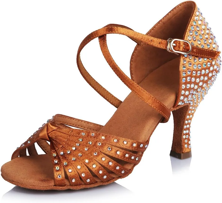 TINRYMX Women's Latin Dance Shoes Rhinestones Ballroom Salsa Professional Practice Performance Dance Shoes,Model-YC45902