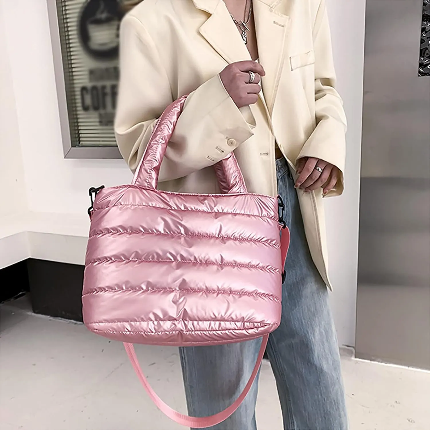 Tote Bag For Women Quilted Handbag Lightweight Winter Down Cotton Padded Shoulder Crossbody Handbags Down Padding Shopping X