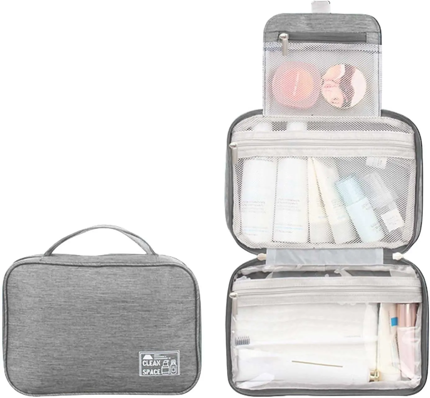 Travel Makeup Bag 10x6.6 Inch Portable Hanging Extra Large Makeup Bag with 3 Comparment Water Resistant Cosmetic Organizer with Handle Toiletry Bag Shampoo,toiletries Full-Size Container
