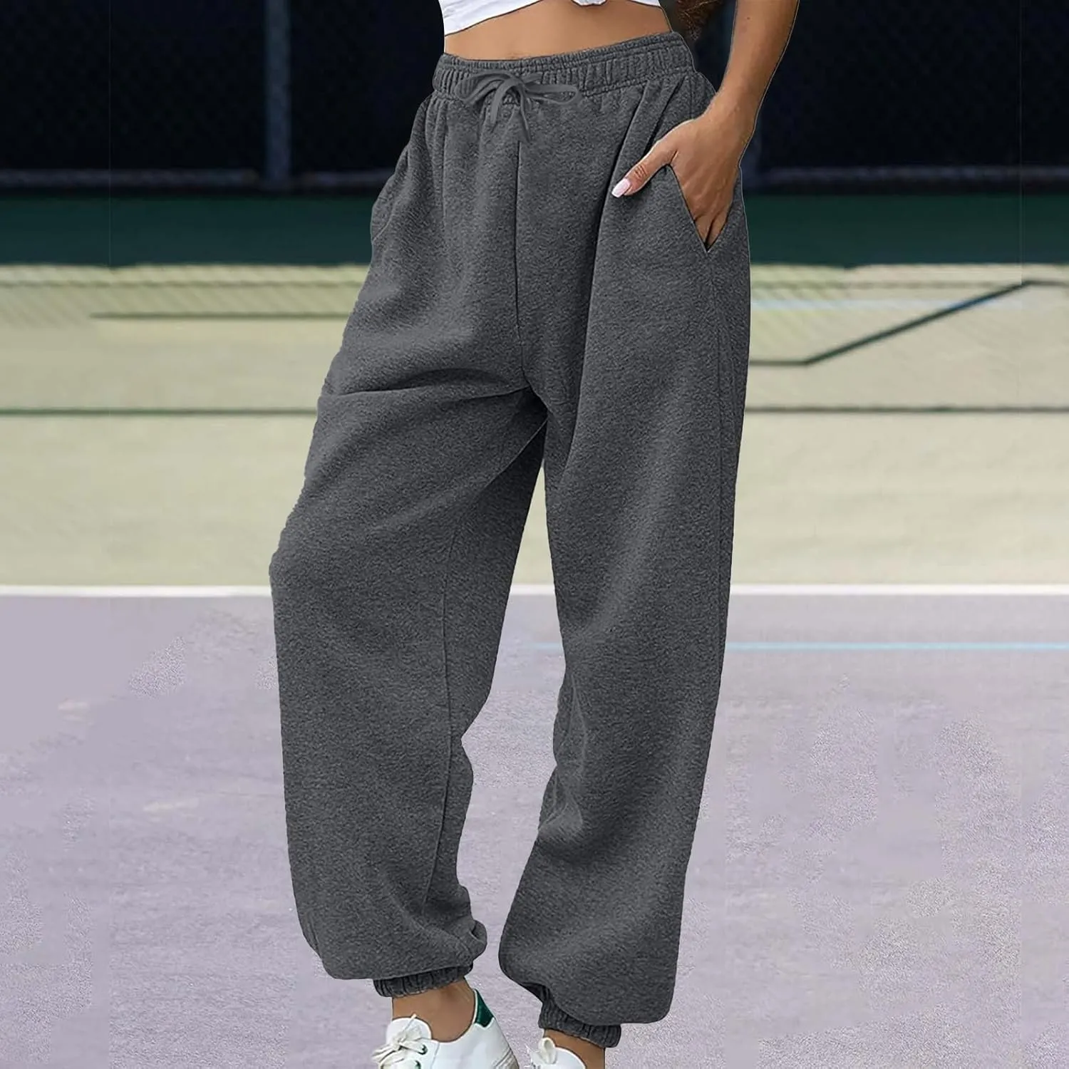 Trendy Womens Wide Leg Baggy Sweatpants with Pocket