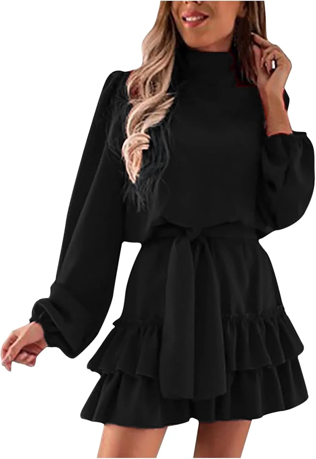tuduoms Ruffle Tunic Dress for Women Spring Summer High Neck Baggy Sleeve Waist Tie Double Layer Ruffle Hem Short Mini Dress