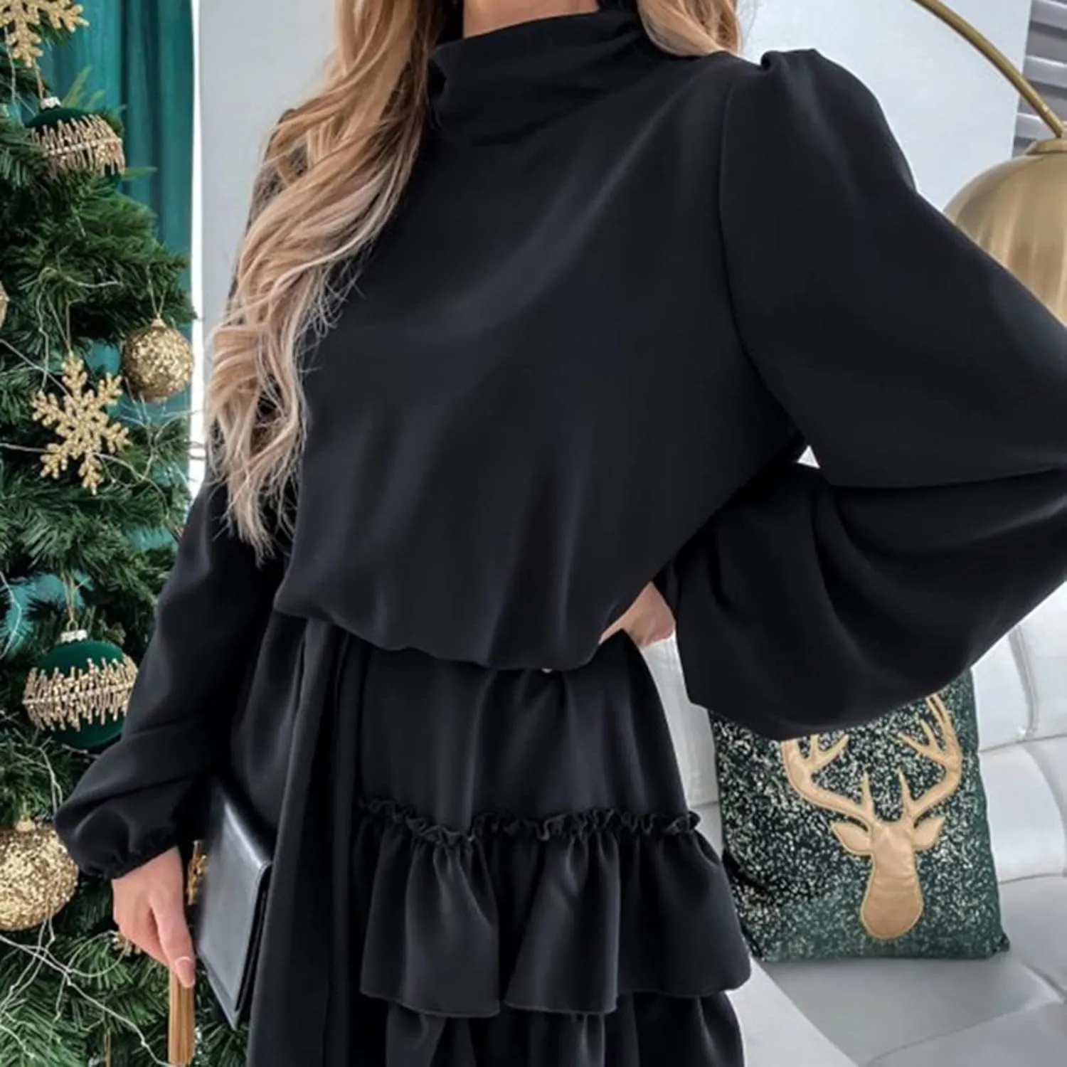 tuduoms Ruffle Tunic Dress for Women Spring Summer High Neck Baggy Sleeve Waist Tie Double Layer Ruffle Hem Short Mini Dress