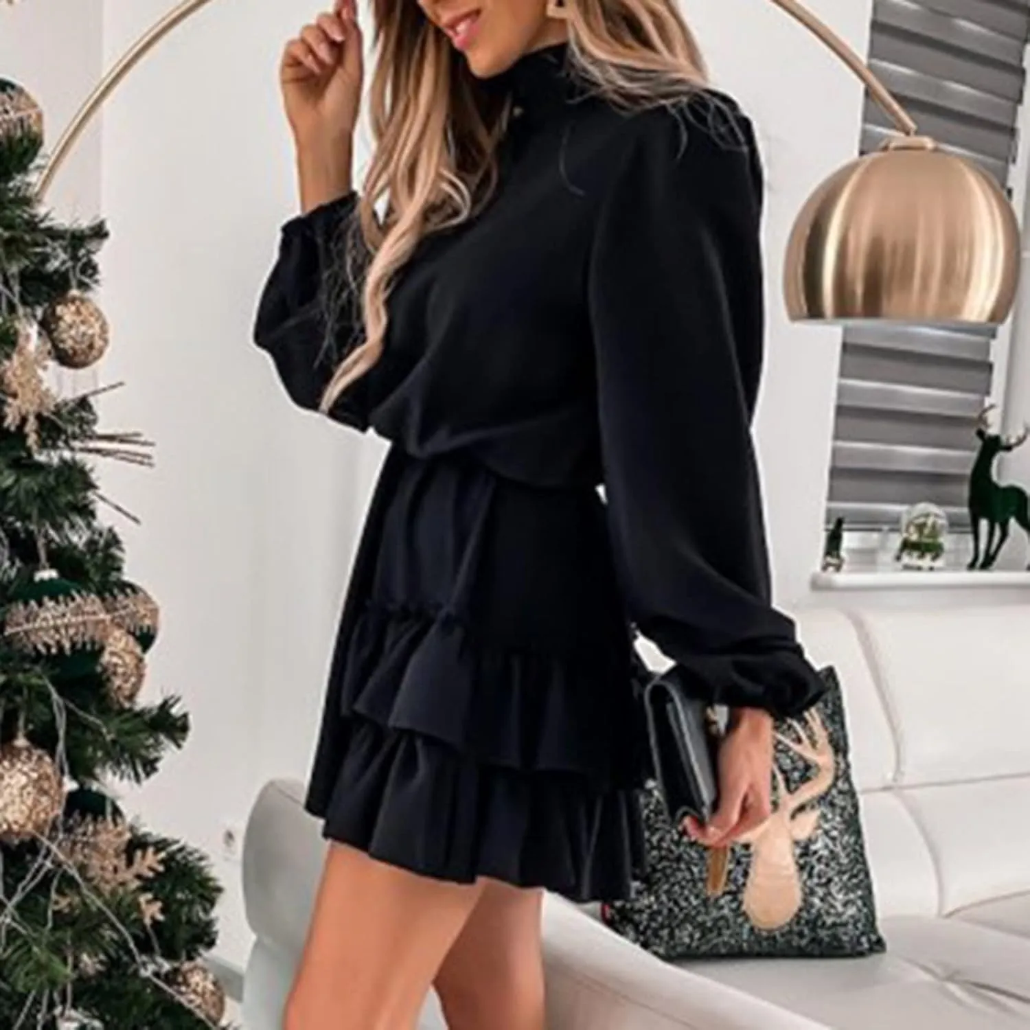 tuduoms Ruffle Tunic Dress for Women Spring Summer High Neck Baggy Sleeve Waist Tie Double Layer Ruffle Hem Short Mini Dress