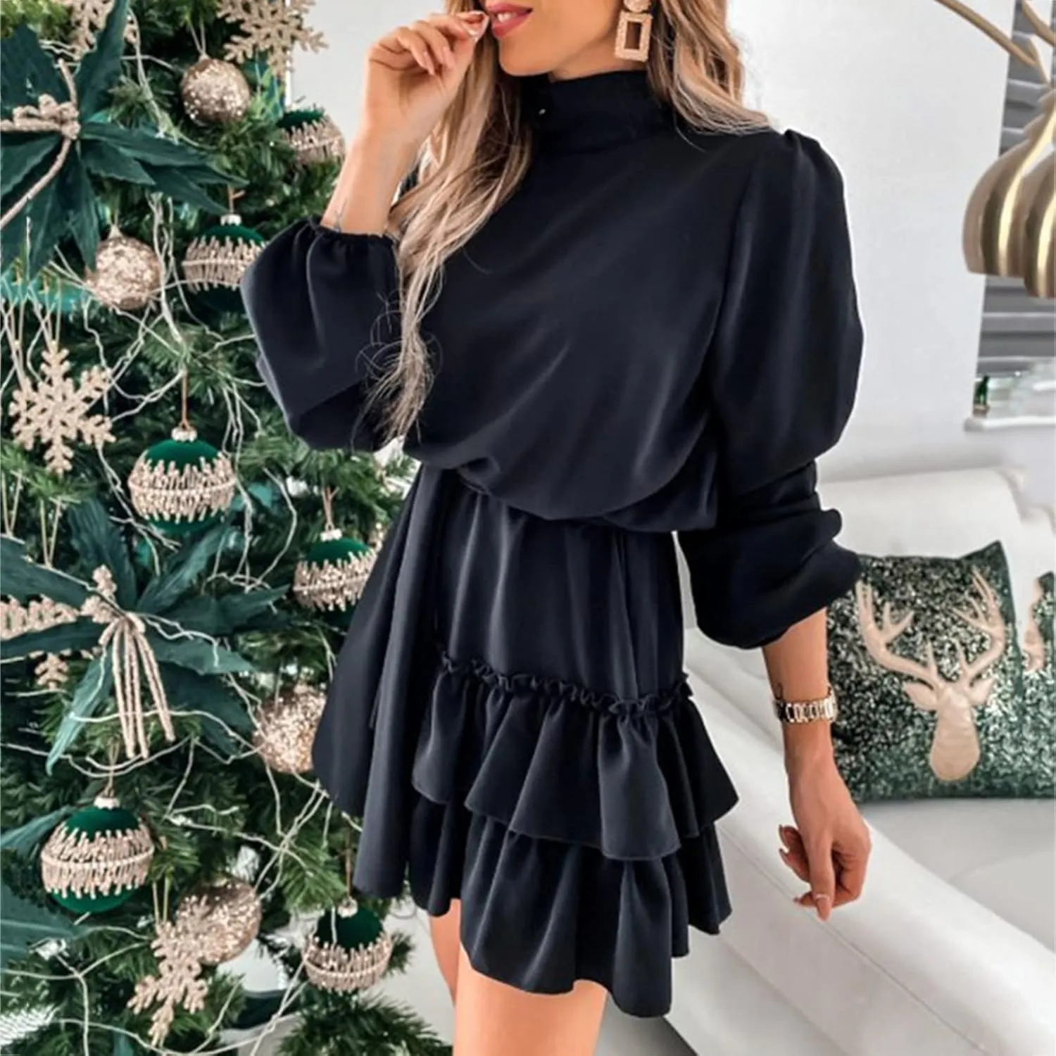 tuduoms Ruffle Tunic Dress for Women Spring Summer High Neck Baggy Sleeve Waist Tie Double Layer Ruffle Hem Short Mini Dress