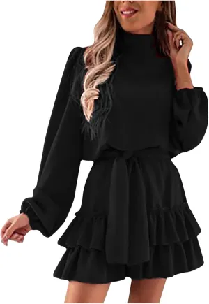 tuduoms Ruffle Tunic Dress for Women Spring Summer High Neck Baggy Sleeve Waist Tie Double Layer Ruffle Hem Short Mini Dress