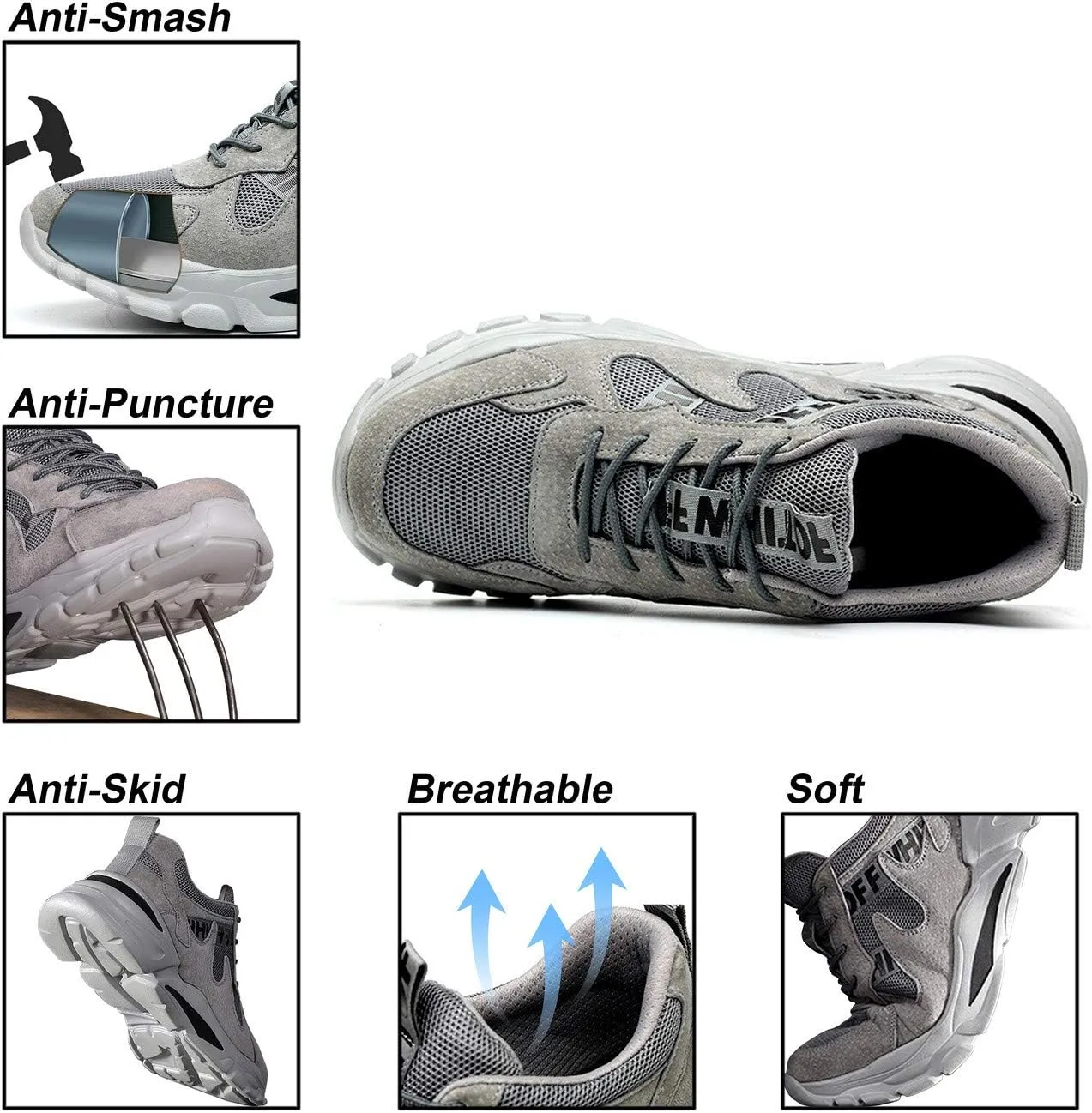 U-lite Steel Toe Safety Work Shoes for Men Women, Breathable Lightweight Puncture-Proof Indestructible Industrial Construction Sneaker