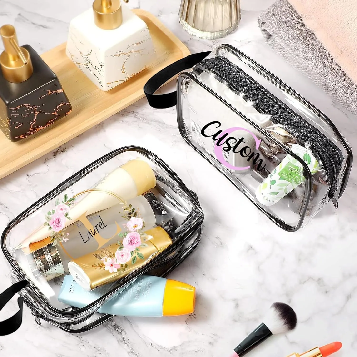 ubjva Personalized Makeup Bag Custom Clear Toiletry Bag for Women Name Monogrammed Cosmetic Pouch with Handle for Travel Wedding Birthday Gift-Own Design-M