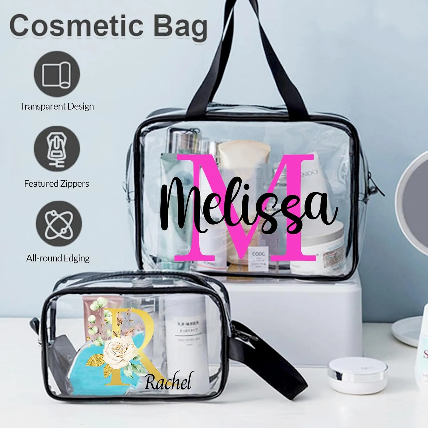 ubjva Personalized Makeup Bag Custom Clear Toiletry Bag for Women Name Monogrammed Cosmetic Pouch with Handle for Travel Wedding Birthday Gift-Own Design-M