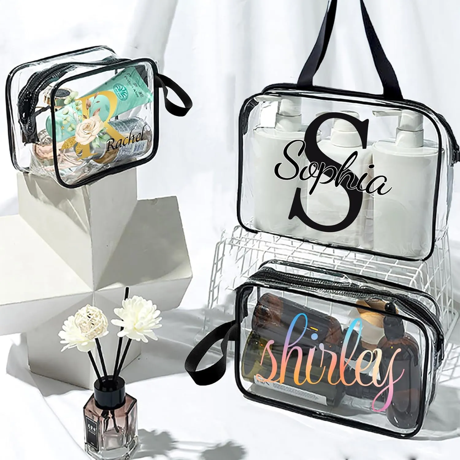ubjva Personalized Makeup Bag Custom Clear Toiletry Bag for Women Name Monogrammed Cosmetic Pouch with Handle for Travel Wedding Birthday Gift-Own Design-M