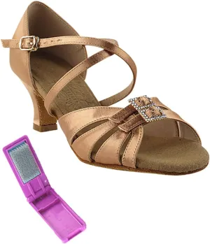 Very Fine Dance Shoes - Ladies Latin, Rhythm, Salsa, Waltz Ballroom Dance Shoes - S92307-2-inch Heel and Foldable Brush Bundle - Tan Satin - 9.5