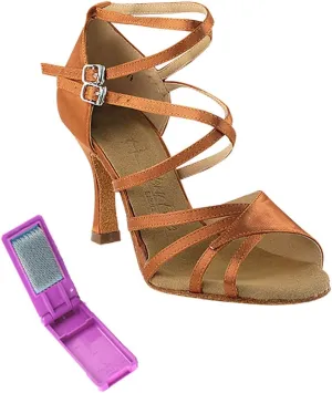 Very Fine Dance Shoes - Ladies Latin, Rhythm, Salsa, Waltz Ballroom Dance Shoes - SERA1662B - 2.5-inch Heel and Foldable Brush Bundle - Dark Tan Satin - 6