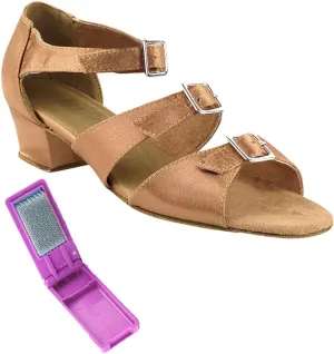 Very Fine Dance Shoes - Ladies Practice, Cuban Low Heel Ballroom Dance Shoes - 1679-1.5-inch Heel and Foldable Brush Bundle - Brown Satin - 7