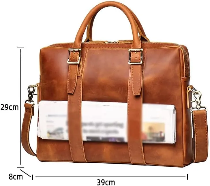 Vintage Bags Briefcase Men Shoulder Man Handbag Genuine Leather Brown Casual 15.6 Inch Laptop Bag