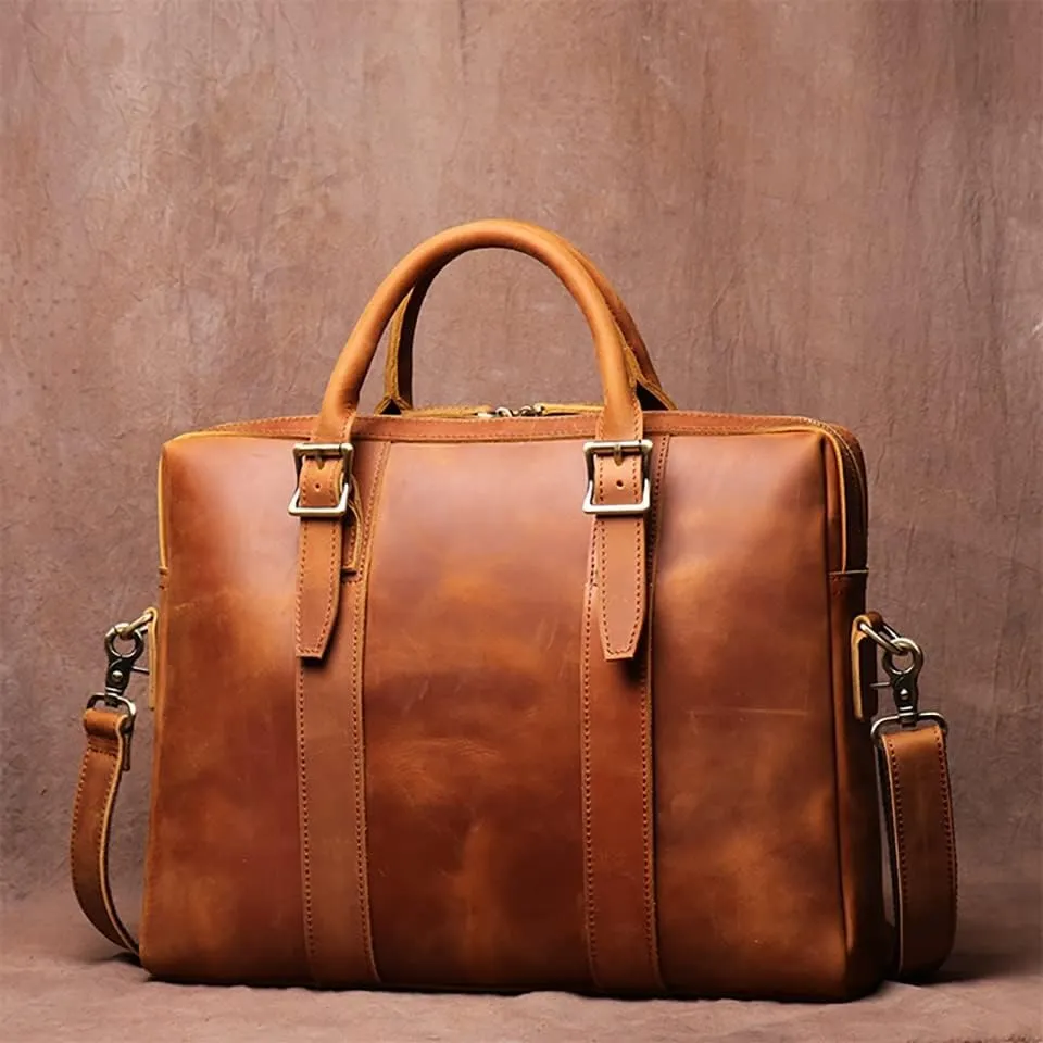 Vintage Bags Briefcase Men Shoulder Man Handbag Genuine Leather Brown Casual 15.6 Inch Laptop Bag