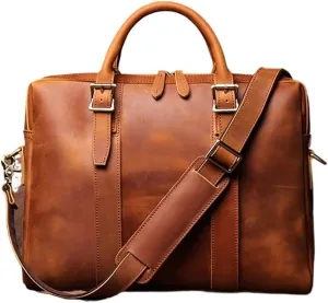 Vintage Bags Briefcase Men Shoulder Man Handbag Genuine Leather Brown Casual 15.6 Inch Laptop Bag
