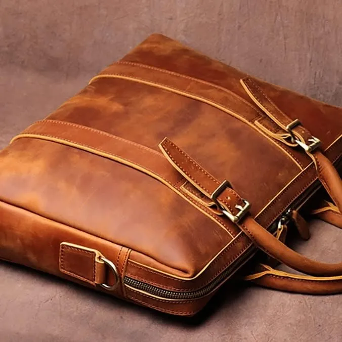 Vintage Bags Briefcase Men Shoulder Man Handbag Genuine Leather Brown Casual 15.6 Inch Laptop Bag
