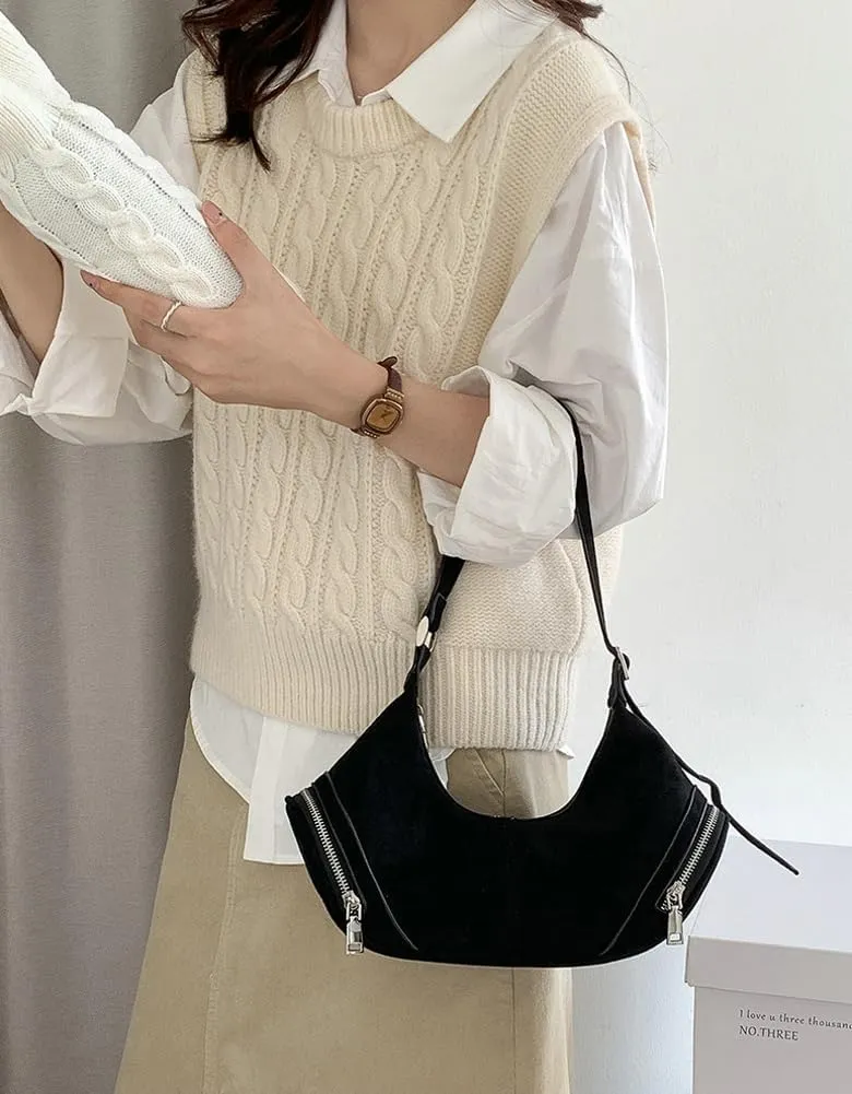 Vintage Women Suede Crescent Bag Large Capacity Shoulder Bag Trendy Satchel Purse Causal Crossbody Bag with Adjustable Strap